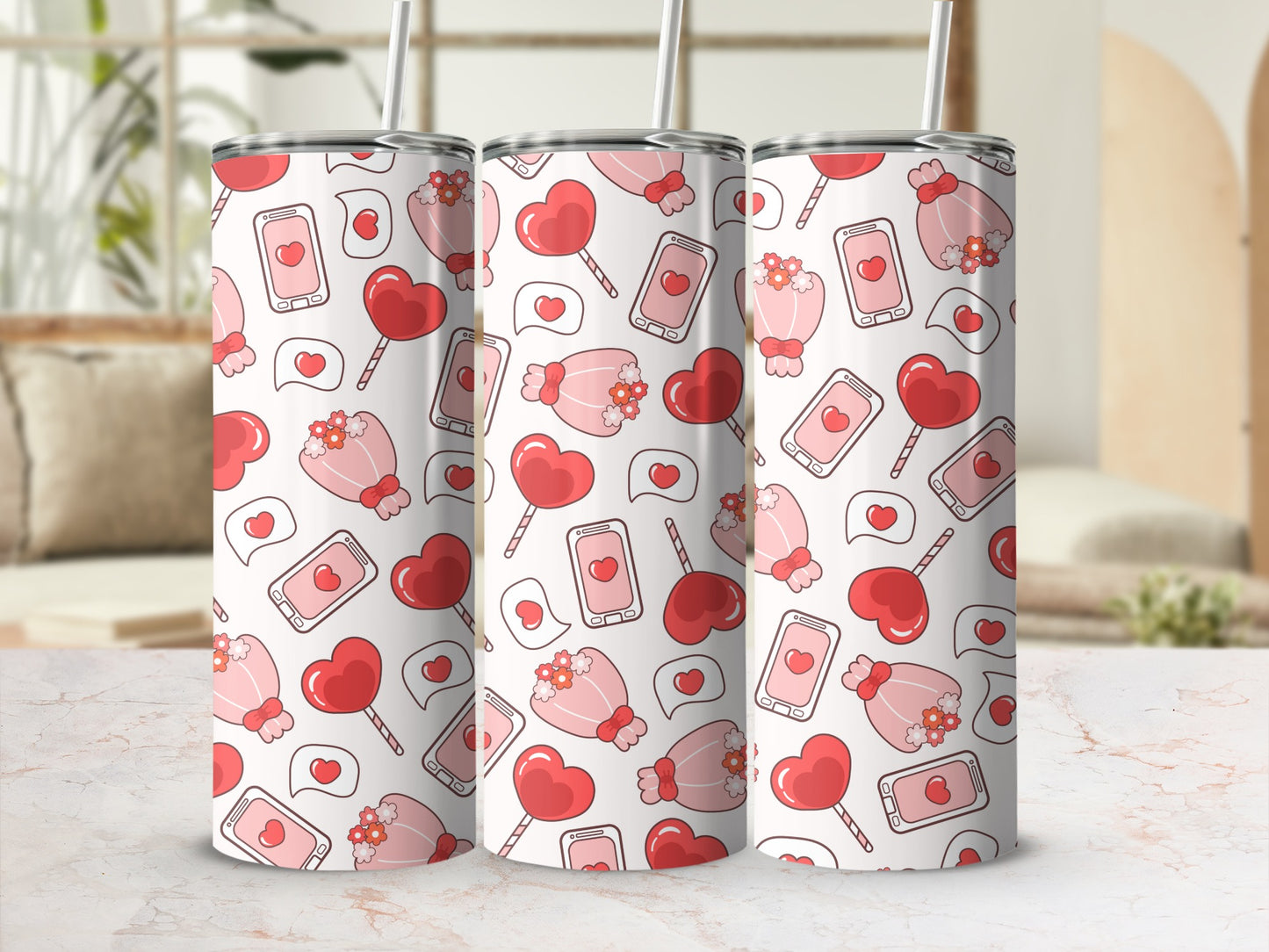 Cute Heart and Phone Pattern Tumblers