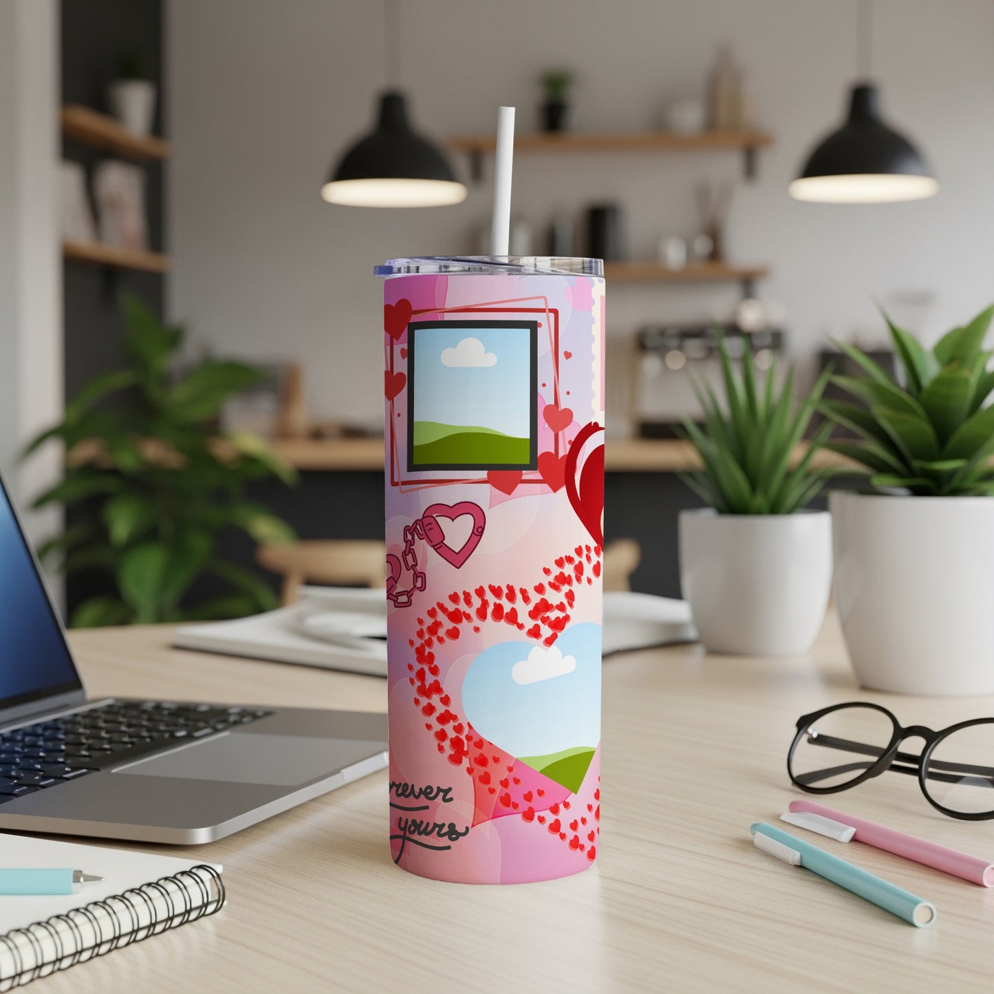 Tumbler with pink and purple heart pattern and "forever yours" text.