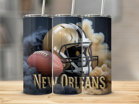 Gold football helmet, brown football, and "New Orleans" text with smoke.