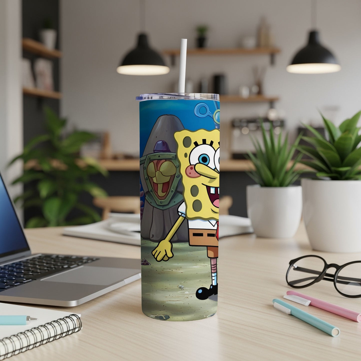 SpongeBob SquarePants cartoon character standing in a sandy underwater environment.