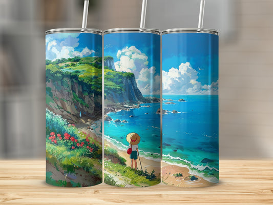 Serene Coastal Scene Anime Girl Journey product type
Anime art, Ghibli inspired, Coastal landscape, Ocean view, Seaside cliffs, Green nature, Scenic path, Girl traveler, Straw hat, Blue sky, White clouds, Tranquil scene, Fantasy art, Dreamy aesthetic, Summer vibes, Beach illustration, Adventure journey, Lush greenery, Red flowers, Horizon vista