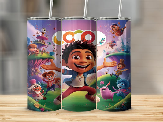 Animated characters from "Vivo" movie on a tumbler design.