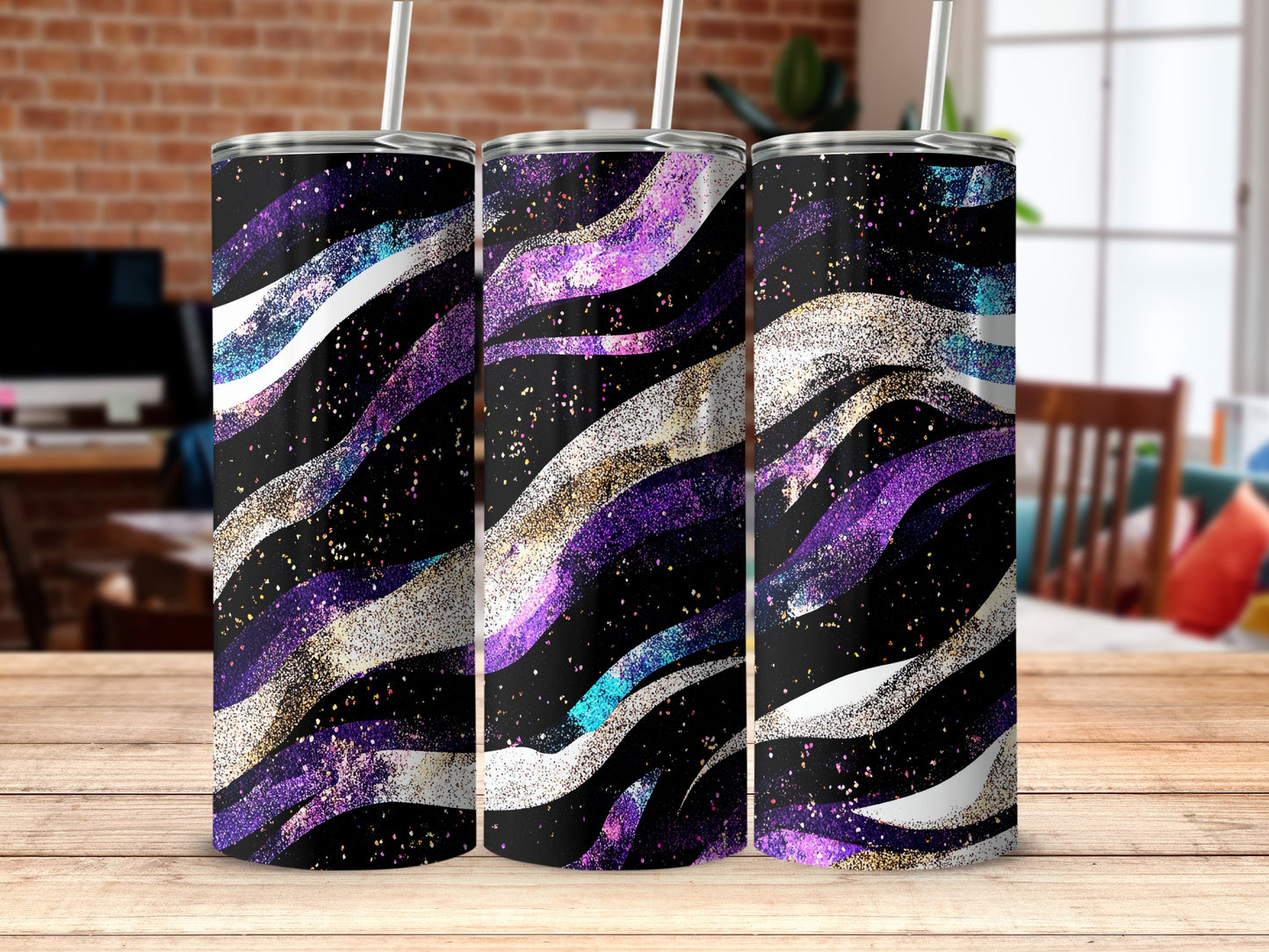 Purple Glitter Wave Pattern on Black Tumbler