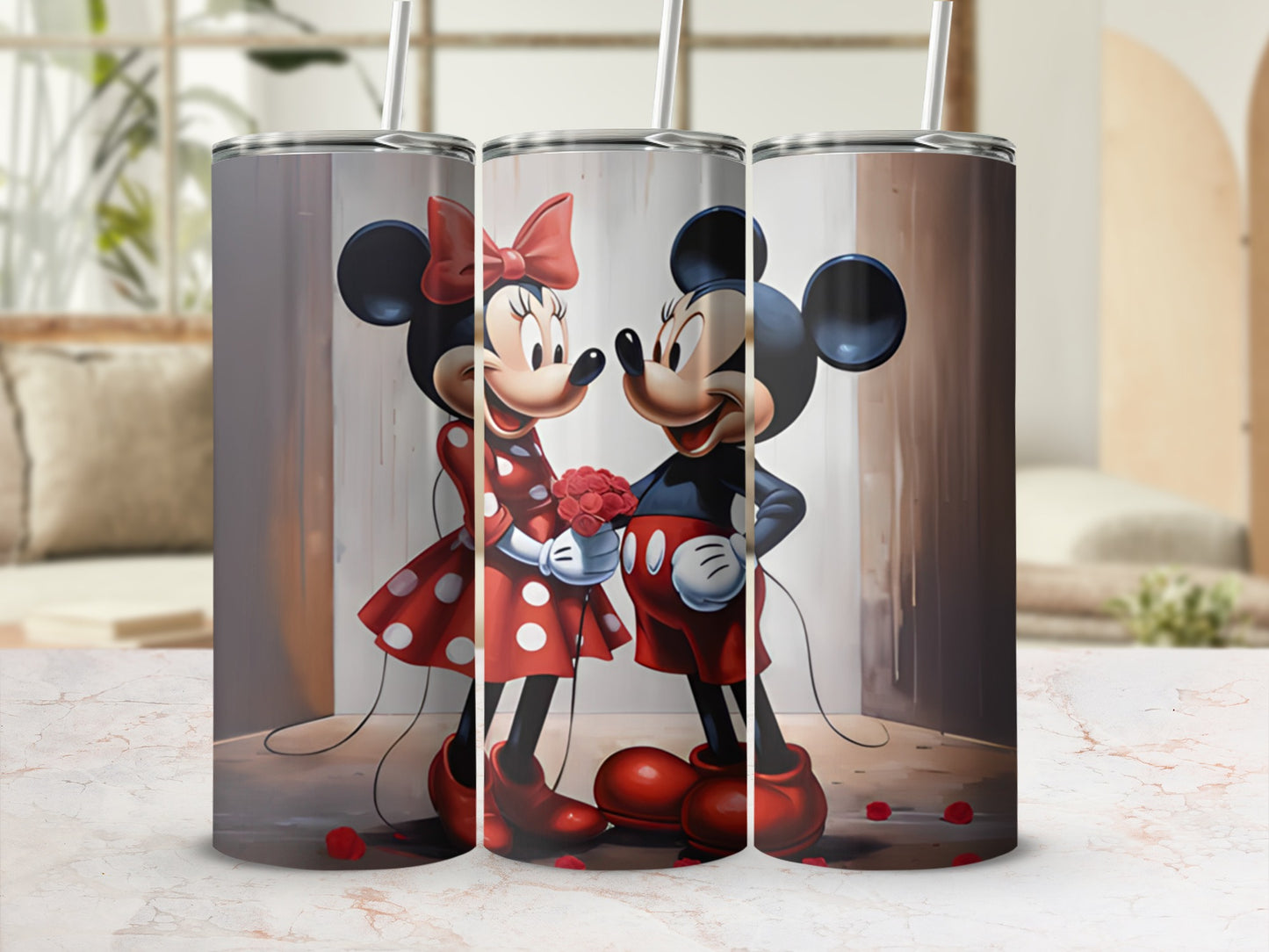 Mickey and Minnie Holding Flowers Tumbler