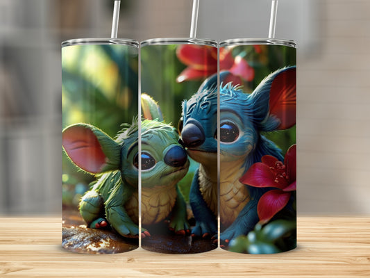 Two Stitch characters, one green and one blue, cuddle amongst lush green foliage.