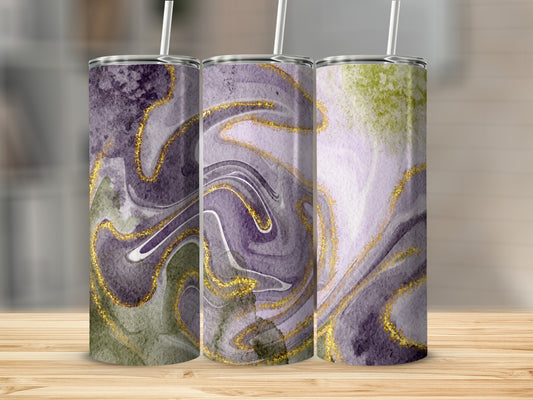 Three tumblers with purple, green, and gold marbled designs.