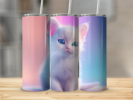 Three tumblers featuring a white kitten with blue eyes against a pastel background.