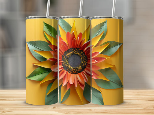 Three yellow tumblers featuring a sunflower design with green leaves.
