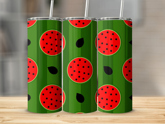 Three tumblers with a repeating watermelon slice and seed pattern.