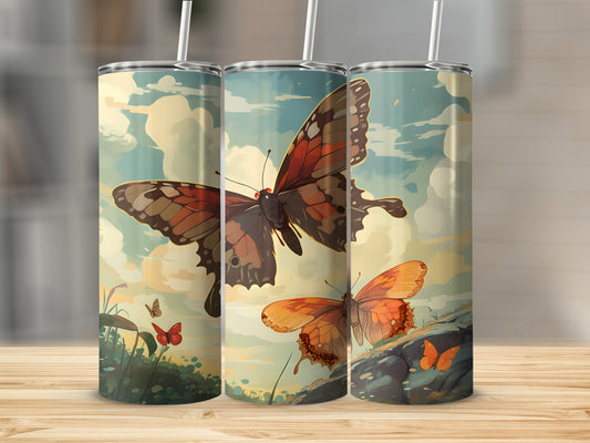 Three tumblers featuring a painted design of butterflies in flight against a cloudy sky.