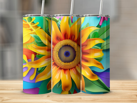 Three tumblers with vibrant sunflower and tropical leaf designs.