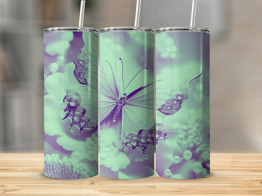 Three tumblers with a purple butterfly and floral design.