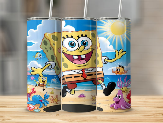 SpongeBob SquarePants running on a beach with ocean creatures.