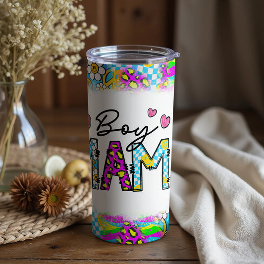Colorful Boy Mama Quote Tumbler with Hearts Design