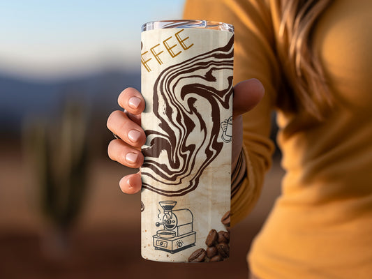 Retro Coffee-Themed Travel Mug with Grinder Design