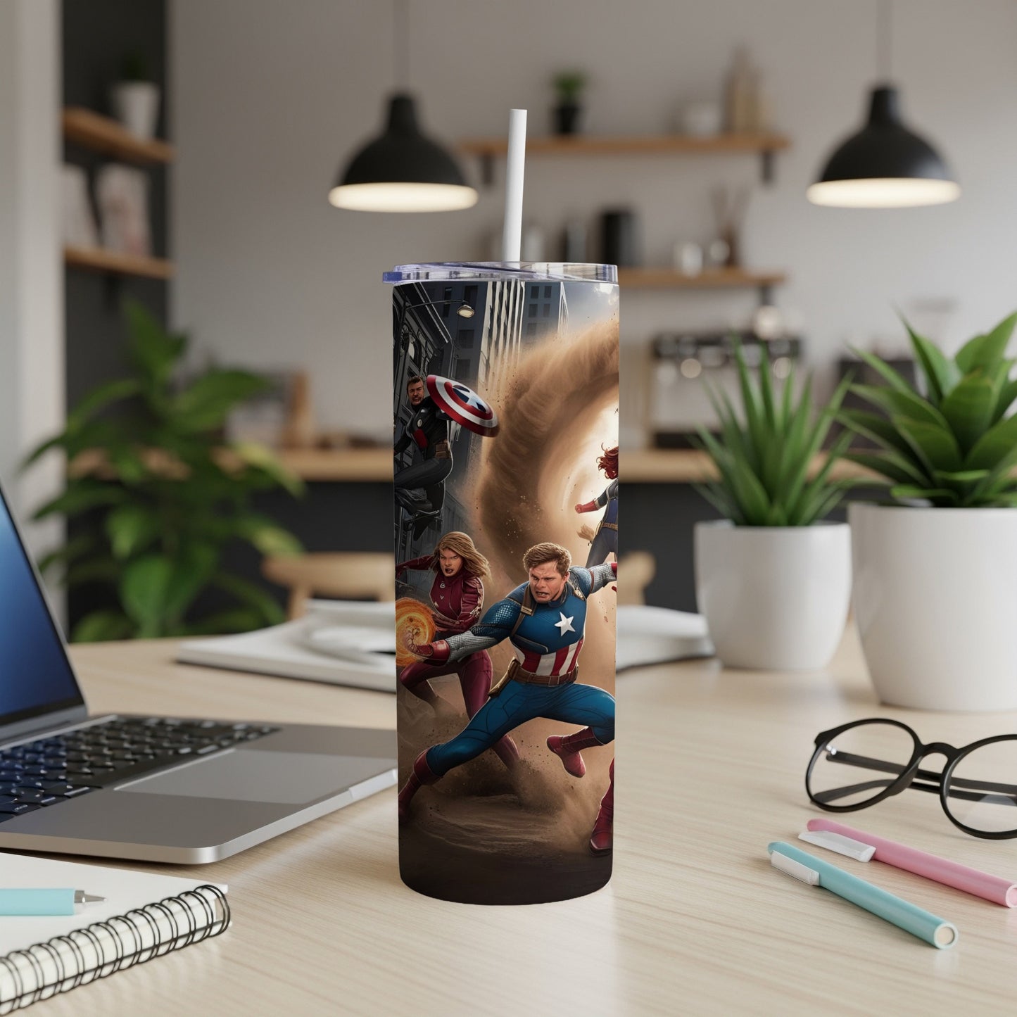 Captain America, Iron Man, and Scarlet Witch in action pose on a tumbler.