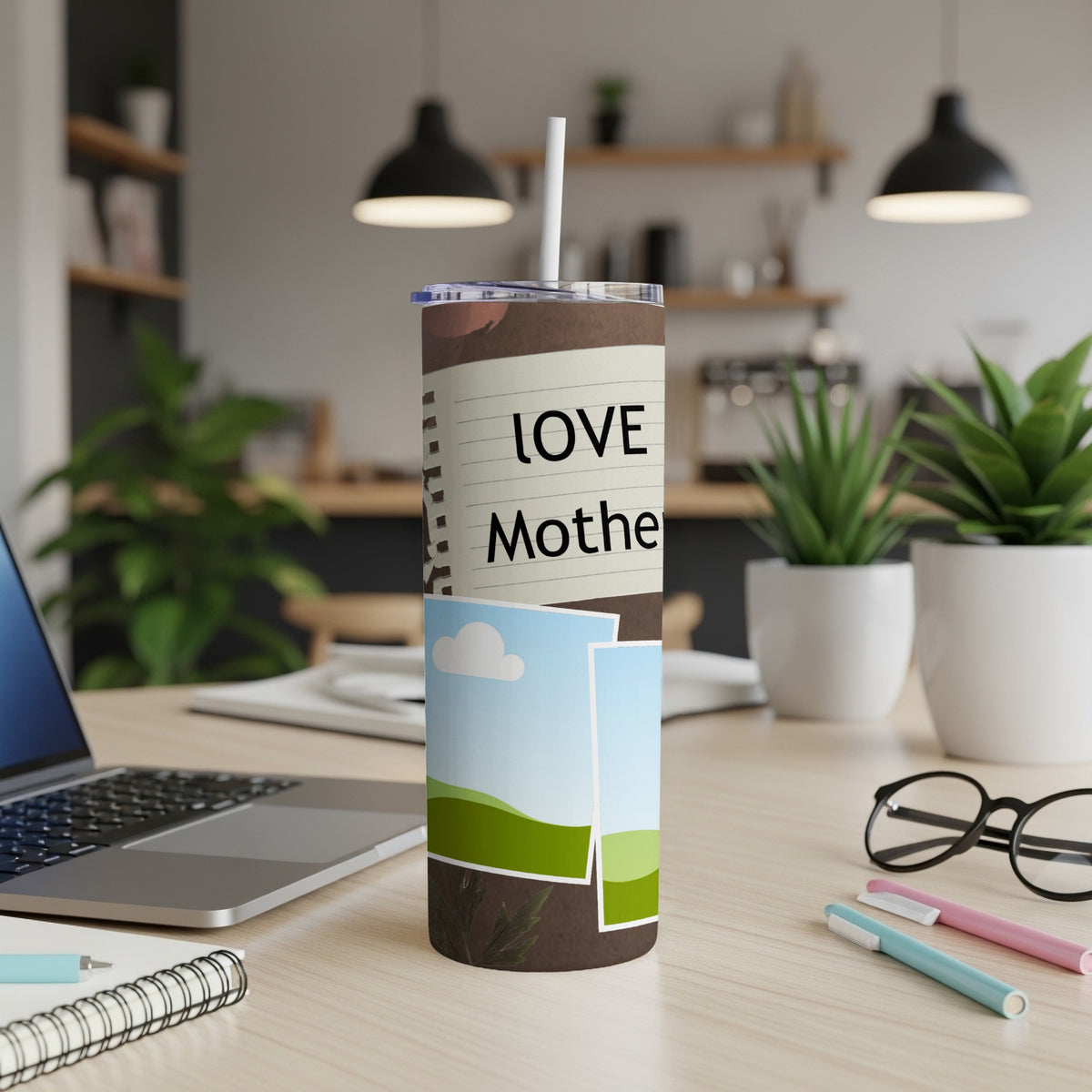 Tumbler with "LOVE Mother" text and landscape photos on brown background.