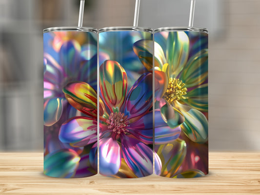 Three tumblers with iridescent floral designs displayed on a wooden surface.
