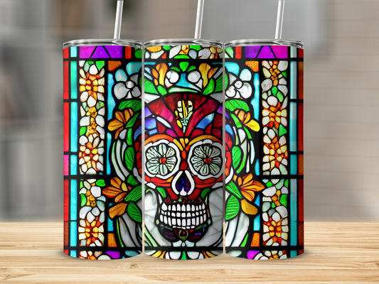 Tall tumbler with stained glass sugar skull and floral design.