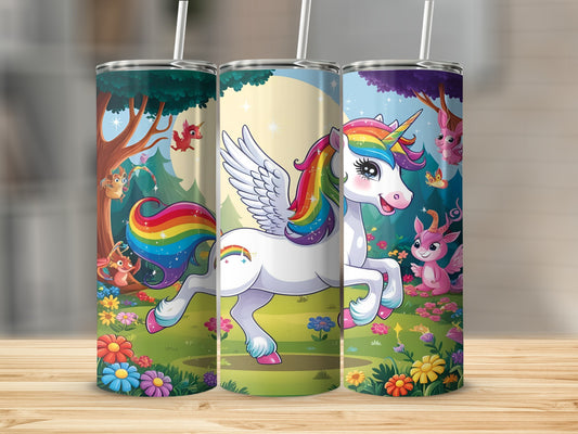 Unicorn with rainbow mane and wings surrounded by dragons and flowers.