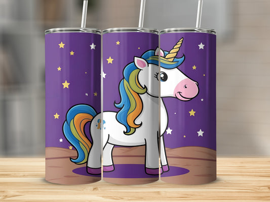 Cartoon unicorn with colorful mane and tail on a purple background with stars.