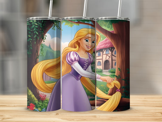 Rapunzel from Tangled in a purple dress, holding her long blonde hair.