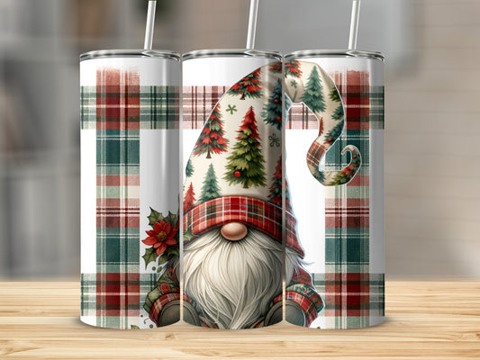 Christmas gnome wearing a plaid hat with trees, on a plaid background.