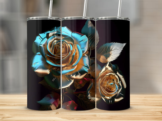 Three dark tumblers with metallic blue and gold roses.