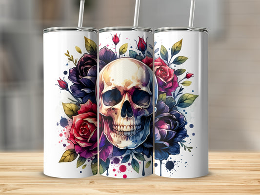 Three tumblers featuring a skull with red and purple roses.