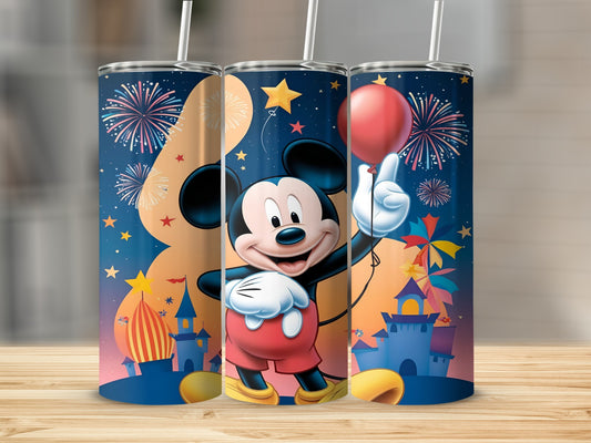 Mickey Mouse holding a red balloon with fireworks and castles.