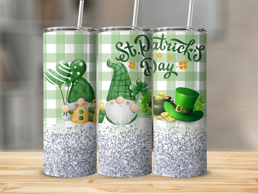 Gnomes and St. Patrick's Day decorations on a checkered tumbler.