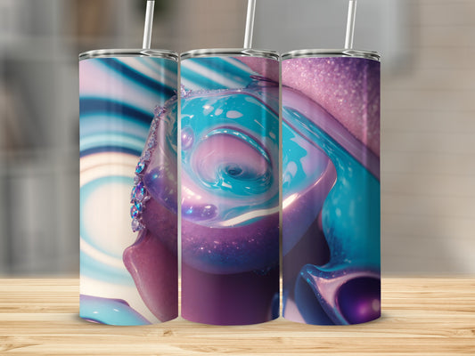 Three tumblers with abstract swirling purple and blue designs, one with glitter accents.