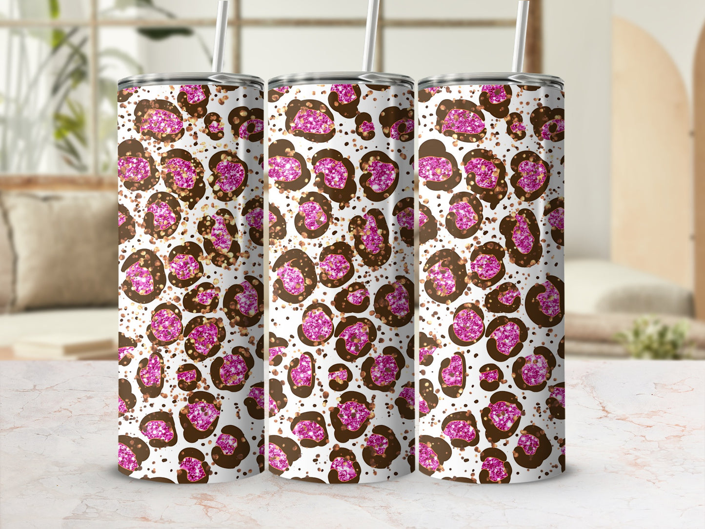 Pink Glitter Leopard Print Stainless Steel Tumbler Cups
