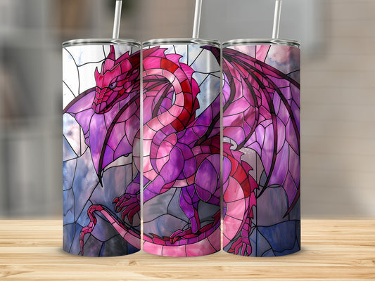 Dragon stained glass design on three tumblers with lids and straws.