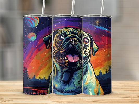 Three tumblers with a colorful pug and space scene design.