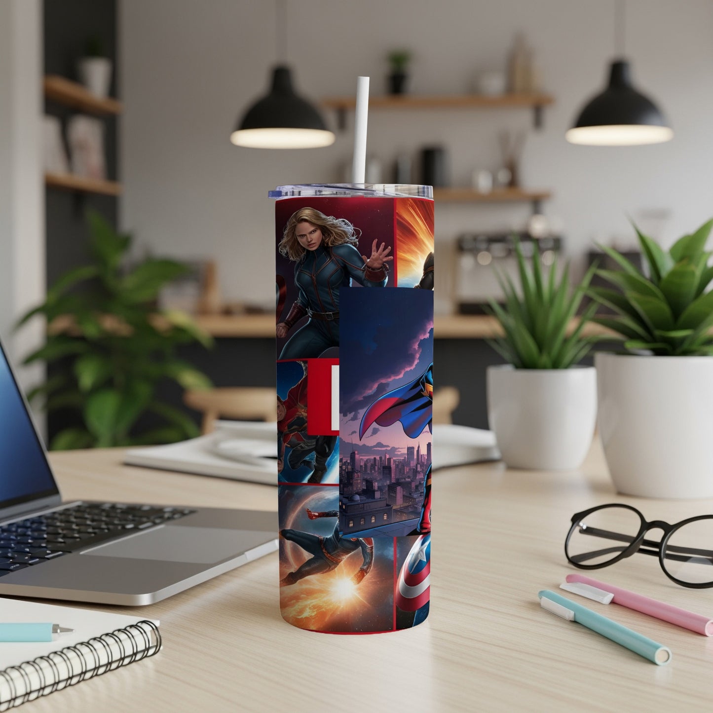 Collage of Captain America, Captain Marvel, and Iron Man superheroes on a tumbler.