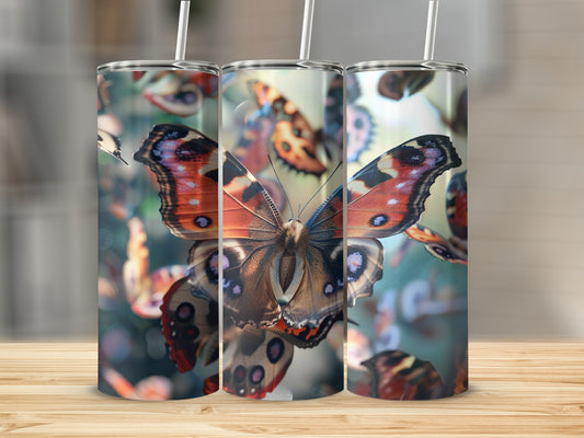 Three tumblers display a close-up of an orange and brown butterfly.