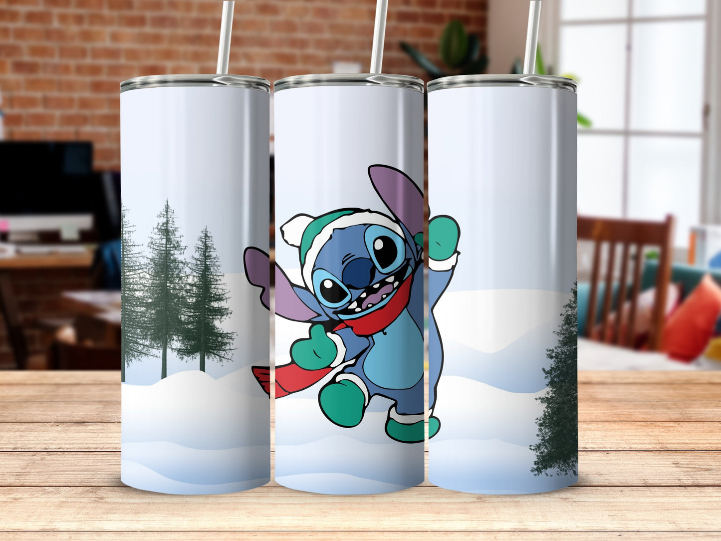 Winter Scene with Cute Blue Cartoon Character Tumbler