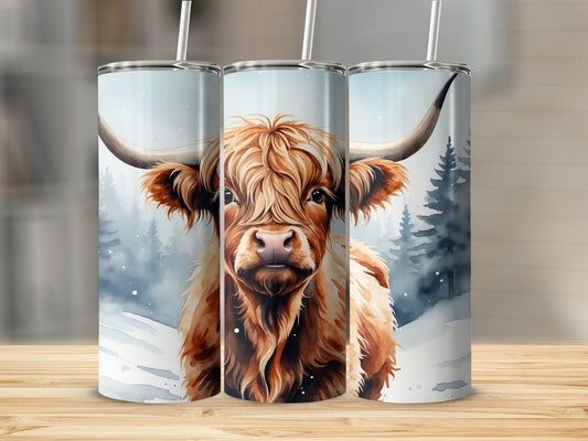 Watercolor Highland cow with shaggy brown fur and long horns in a snowy forest.