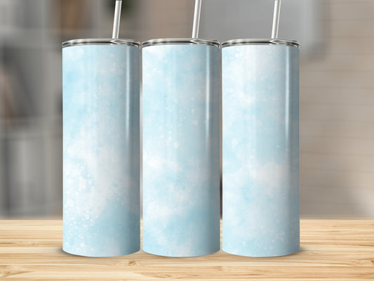 Three tumblers with a light blue watercolor design and white specks.