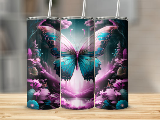 Three identical tumblers featuring a pink and blue butterfly in a vibrant, mystical forest.
