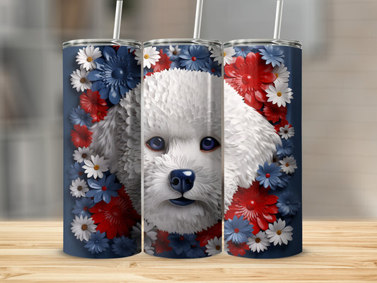 White dog with blue eyes surrounded by red, white, and blue flowers on a tumbler.