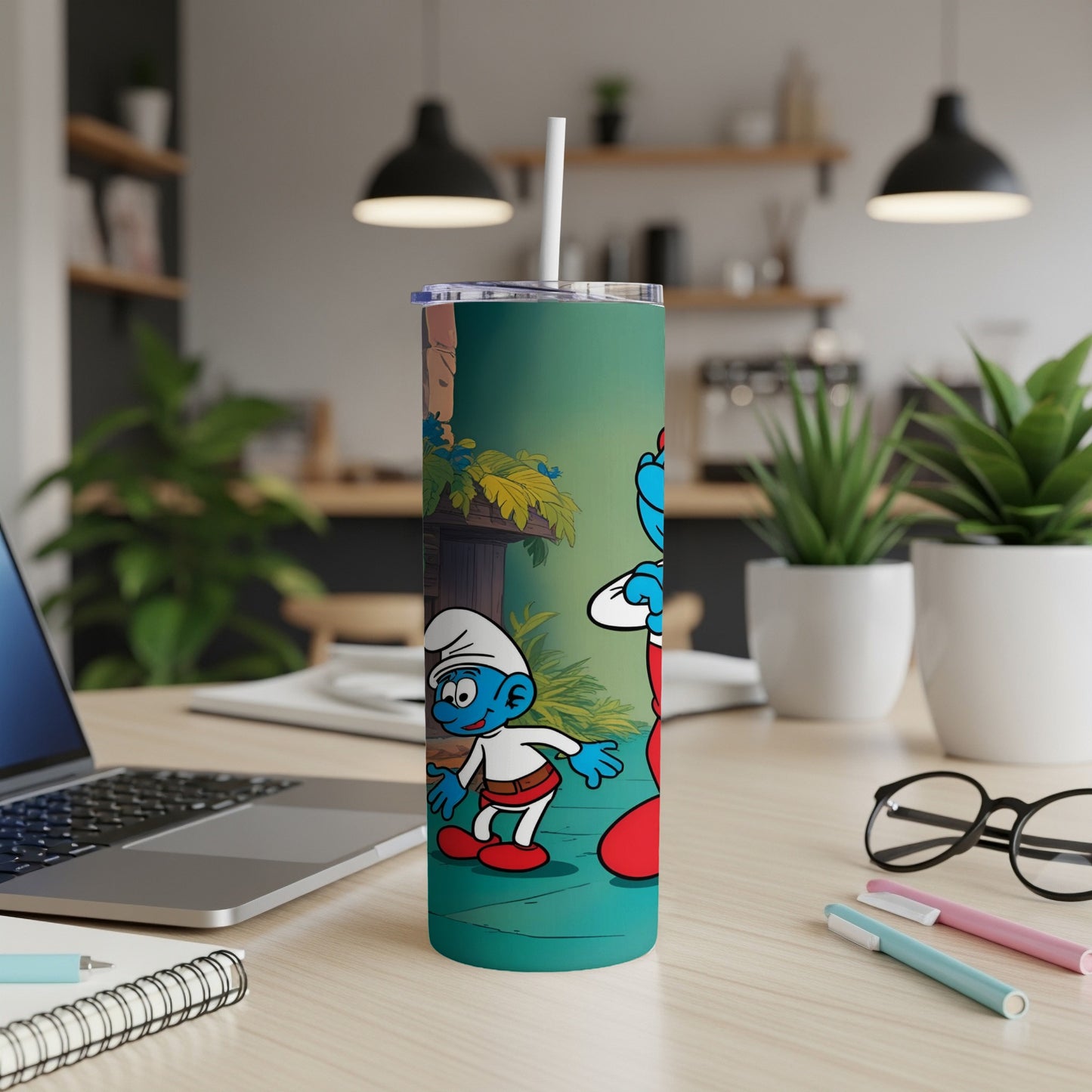 Two Smurfs stand on a path with a straw in the foreground.