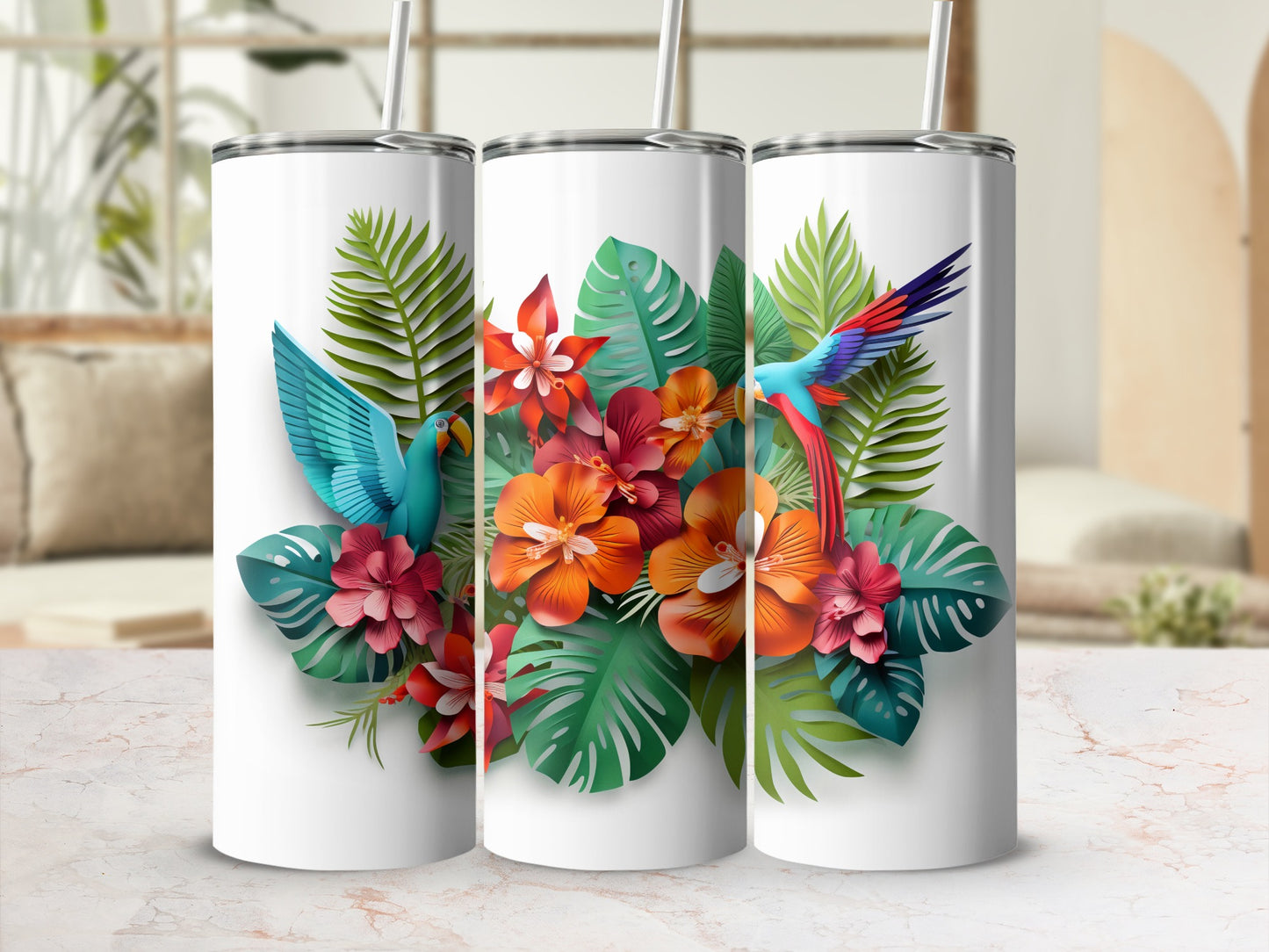 Tropical Floral and Birds Design Tumbler Product