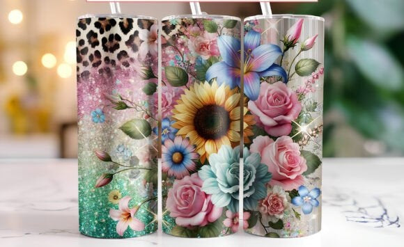 Roses, sunflowers, pastel color tumbler