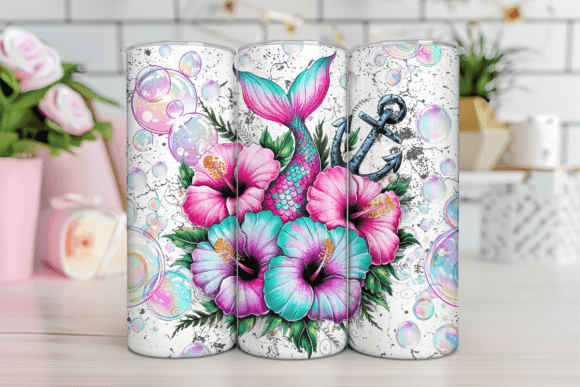 Mermaid Tail with Bubbles, Anchor, and Flowers tumbler