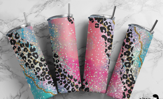 Pink and Teal Glitter Leopard tumbler