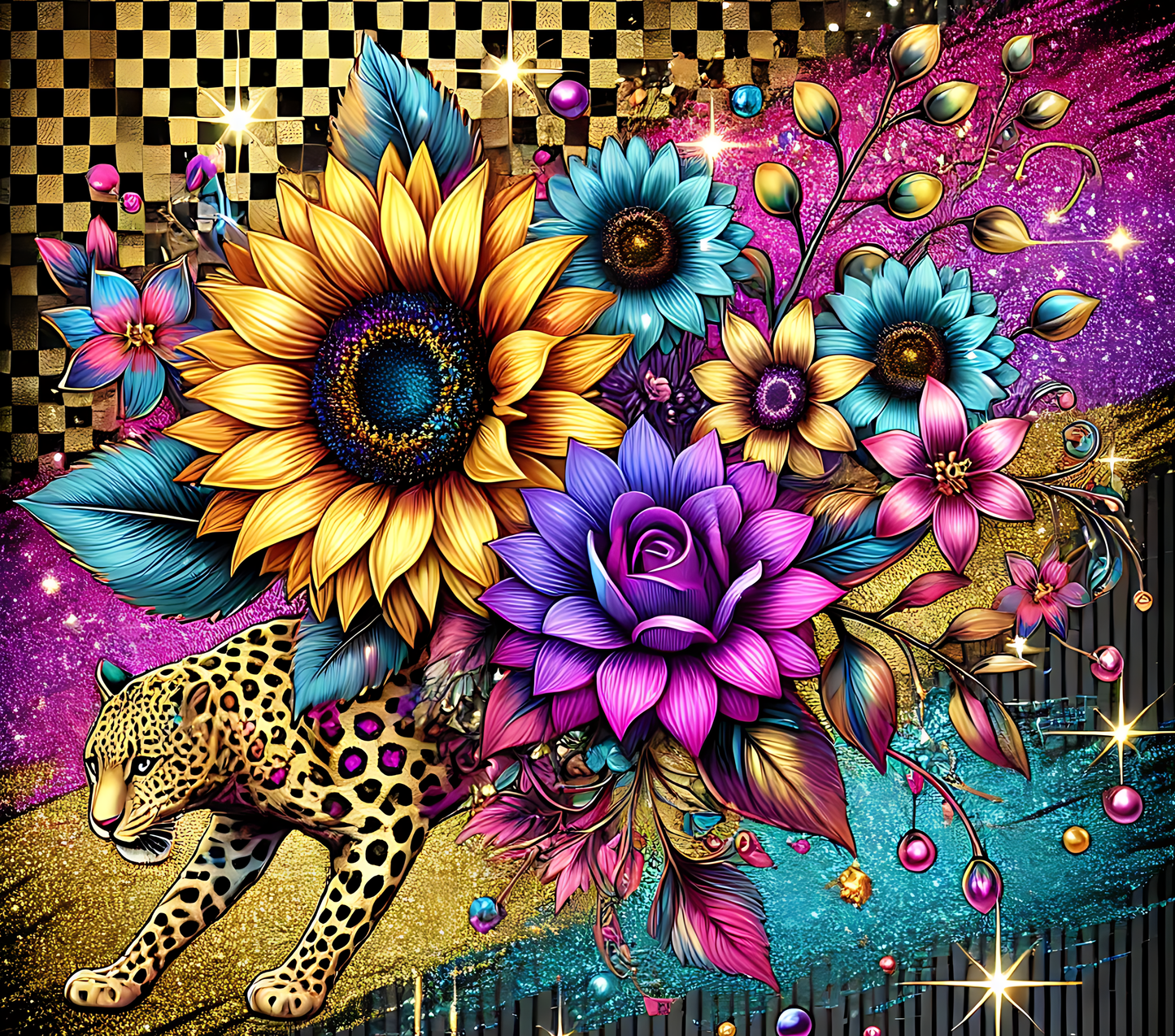 Sunflower pink, blue, and gold tumbler