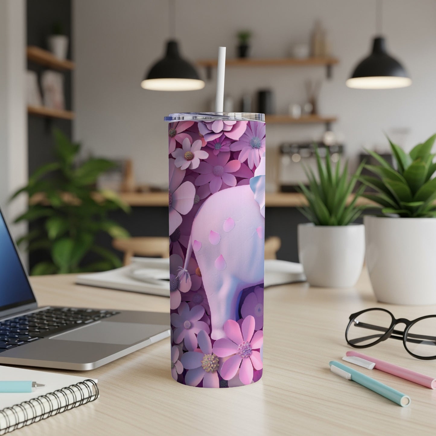 Floral elephant tumbler with pink and purple flowers.