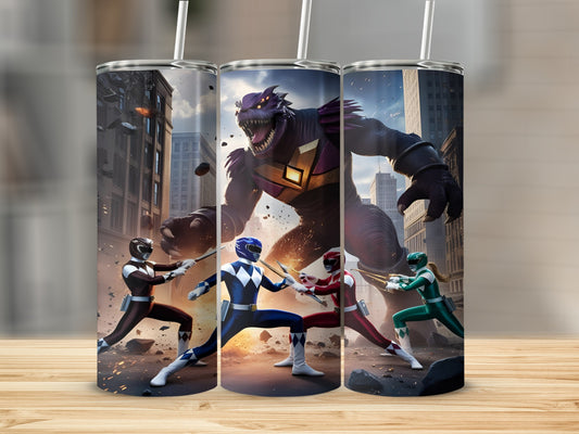 Three Power Rangers battle a giant purple monster in a city.